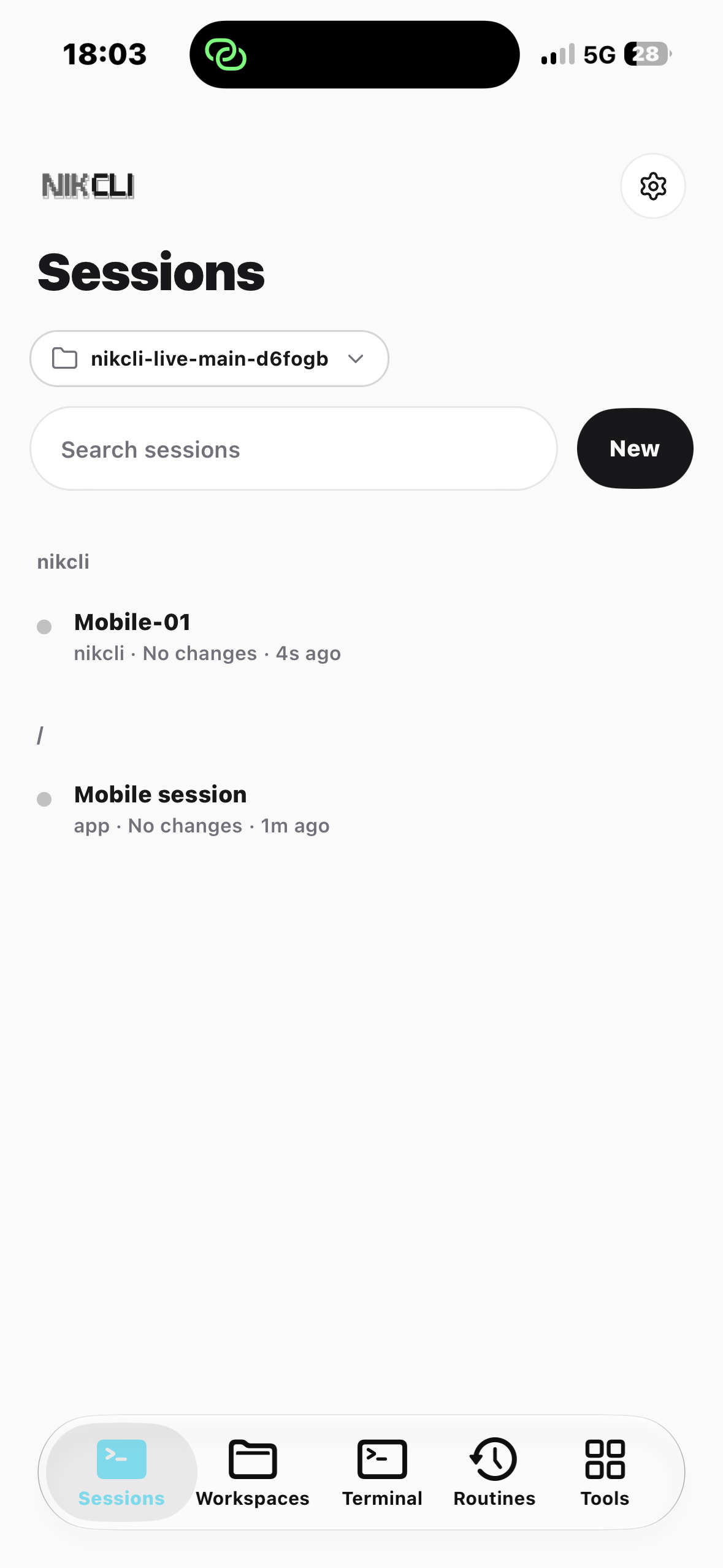 Sessions list — landing screen