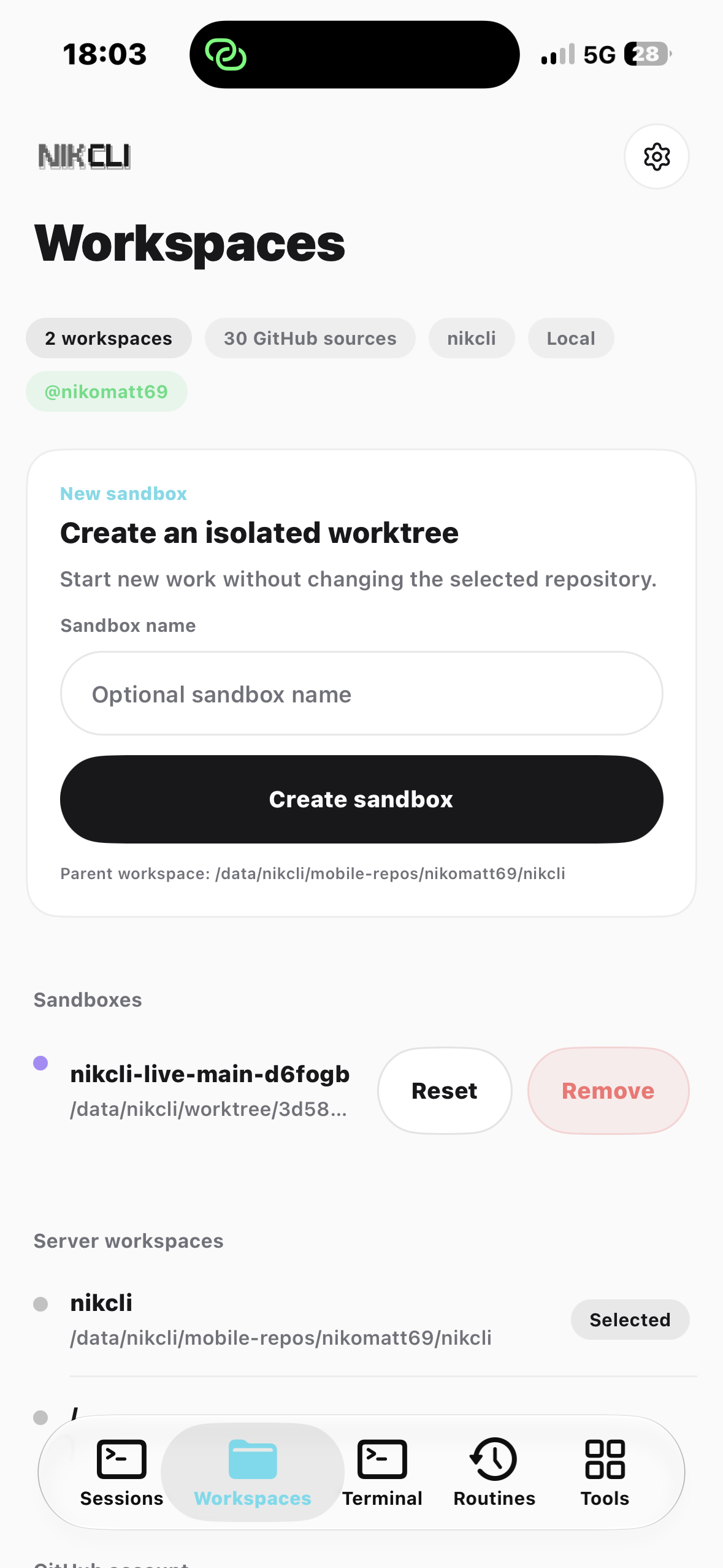 Workspaces tab with sandboxes and repos